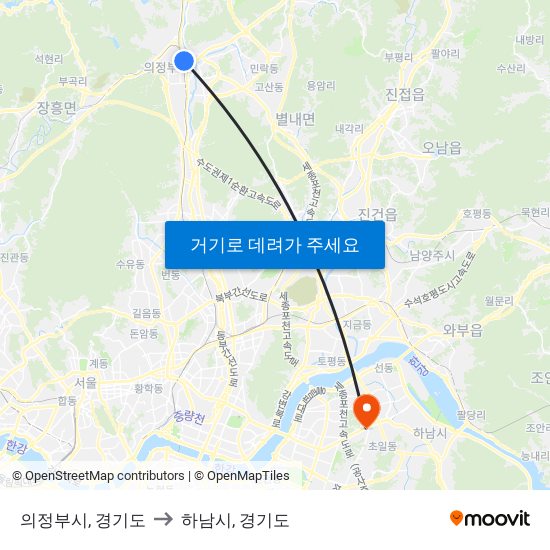 의정부시, 경기도 to 하남시, 경기도 map