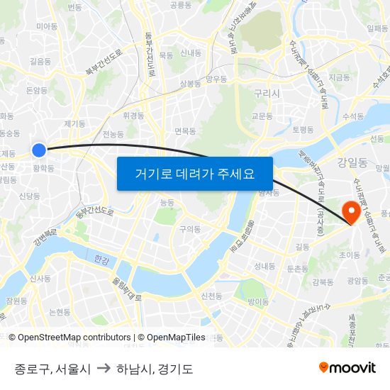 종로구, 서울시 to 하남시, 경기도 map