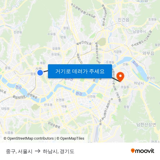 중구, 서울시 to 하남시, 경기도 map