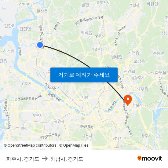 파주시, 경기도 to 하남시, 경기도 map