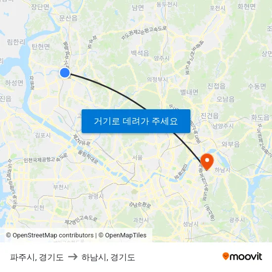 파주시, 경기도 to 하남시, 경기도 map