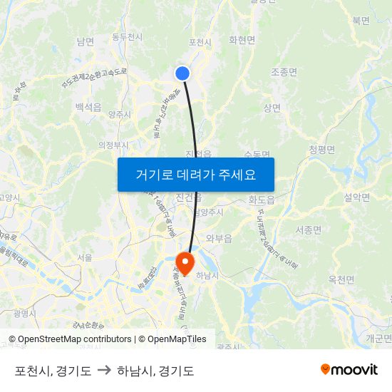 포천시, 경기도 to 하남시, 경기도 map