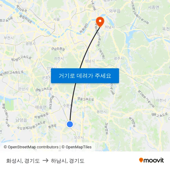 화성시, 경기도 to 하남시, 경기도 map