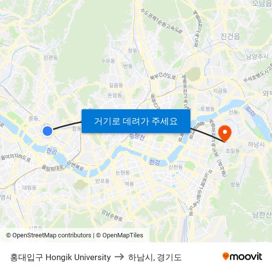 홍대입구 Hongik University to 하남시, 경기도 map