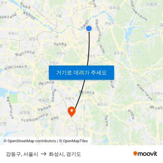 강동구, 서울시 to 화성시, 경기도 map