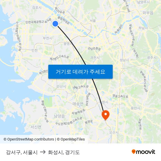 강서구, 서울시 to 화성시, 경기도 map