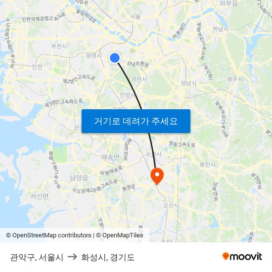 관악구, 서울시 to 화성시, 경기도 map