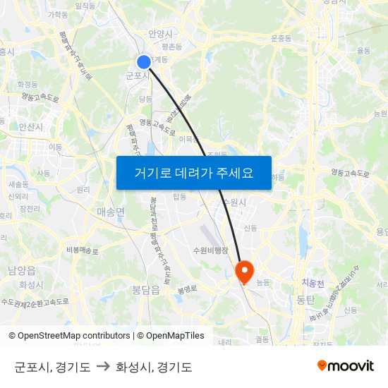 군포시, 경기도 to 화성시, 경기도 map