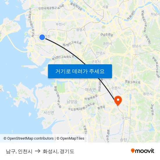 남구, 인천시 to 화성시, 경기도 map