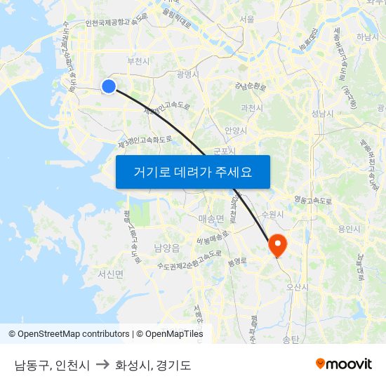 남동구, 인천시 to 화성시, 경기도 map