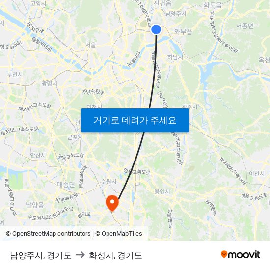 남양주시, 경기도 to 화성시, 경기도 map