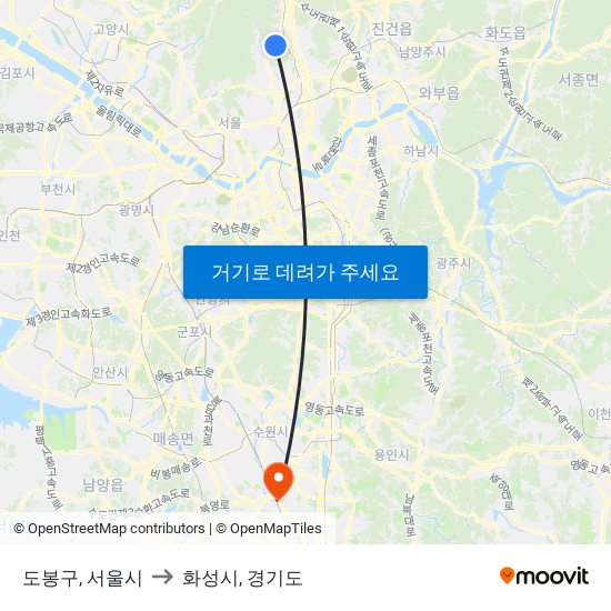 도봉구, 서울시 to 화성시, 경기도 map