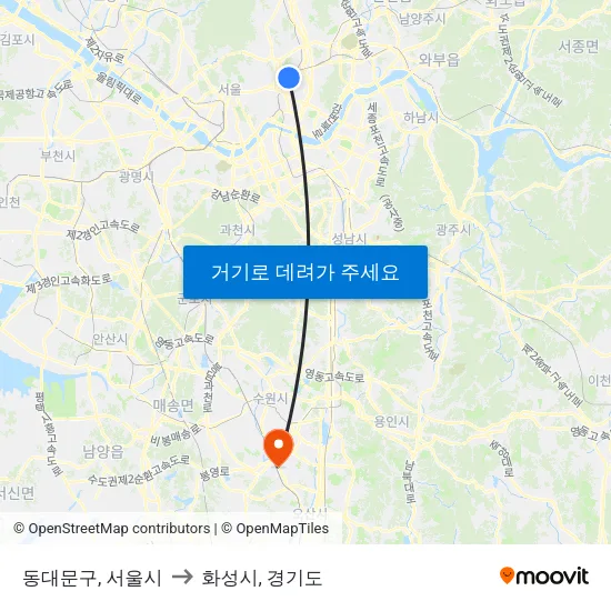 동대문구, 서울시 to 화성시, 경기도 map
