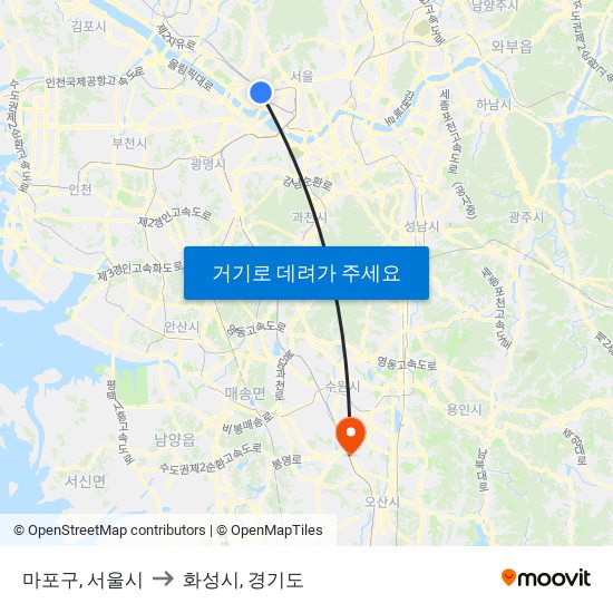마포구, 서울시 to 화성시, 경기도 map
