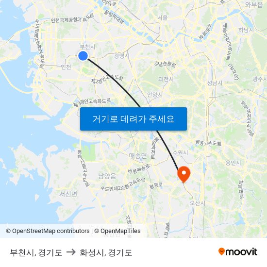 부천시, 경기도 to 화성시, 경기도 map