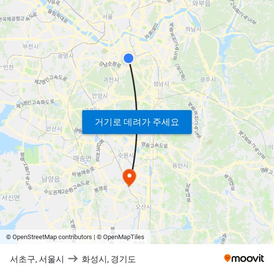 서초구, 서울시 to 화성시, 경기도 map