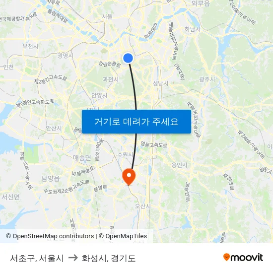 서초구, 서울시 to 화성시, 경기도 map
