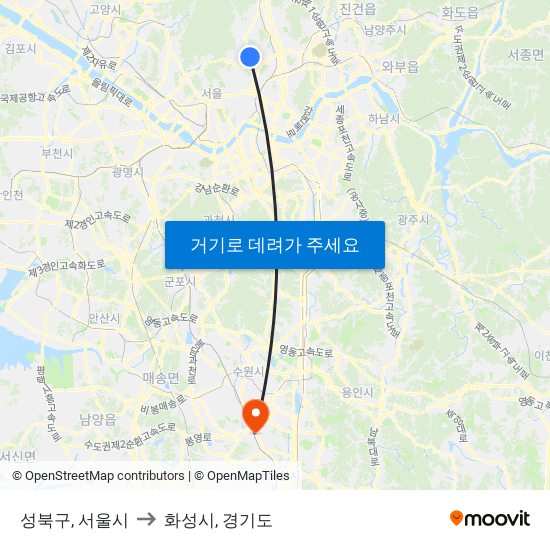 성북구, 서울시 to 화성시, 경기도 map