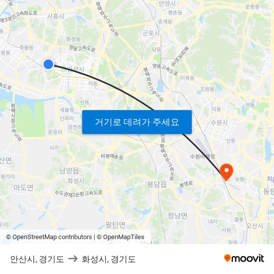 안산시, 경기도 to 화성시, 경기도 map