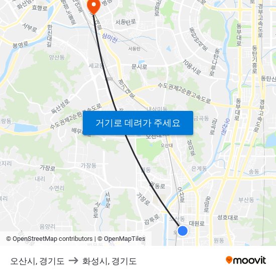 오산시, 경기도 to 화성시, 경기도 map
