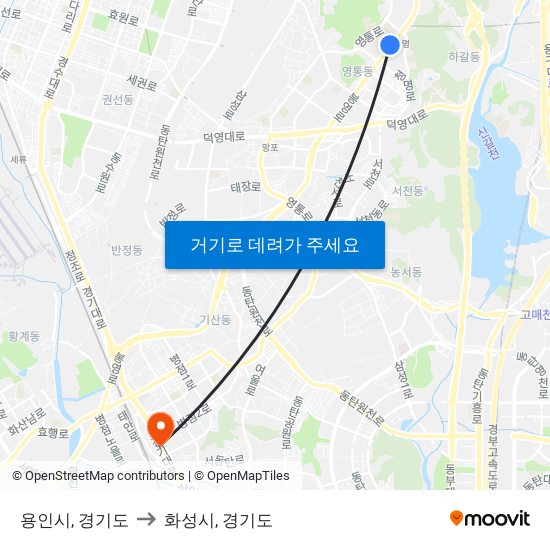 용인시, 경기도 to 화성시, 경기도 map