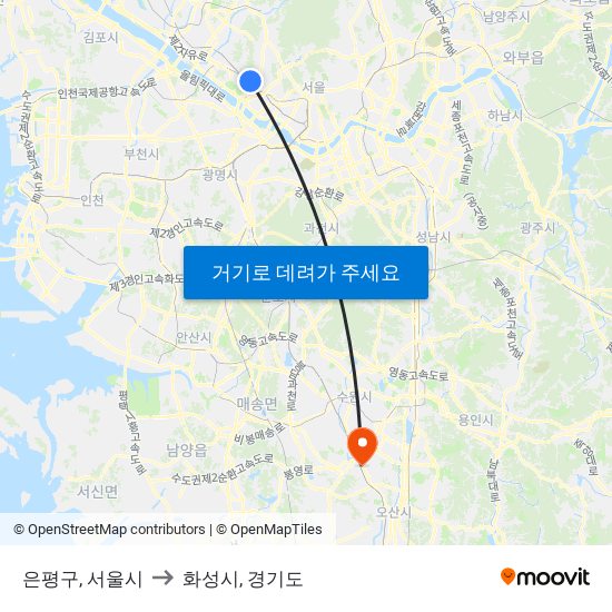 은평구, 서울시 to 화성시, 경기도 map