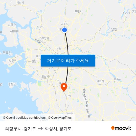 의정부시, 경기도 to 화성시, 경기도 map