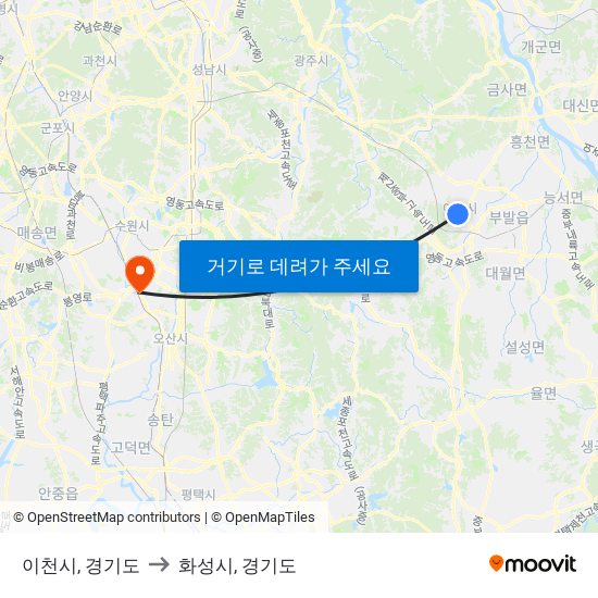 이천시, 경기도 to 화성시, 경기도 map