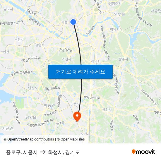 종로구, 서울시 to 화성시, 경기도 map