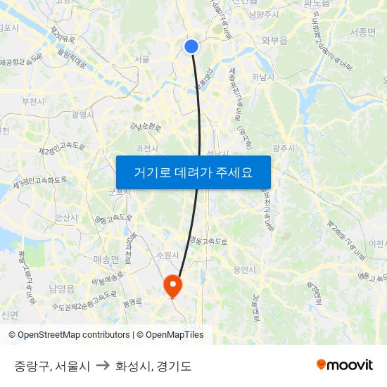 중랑구, 서울시 to 화성시, 경기도 map