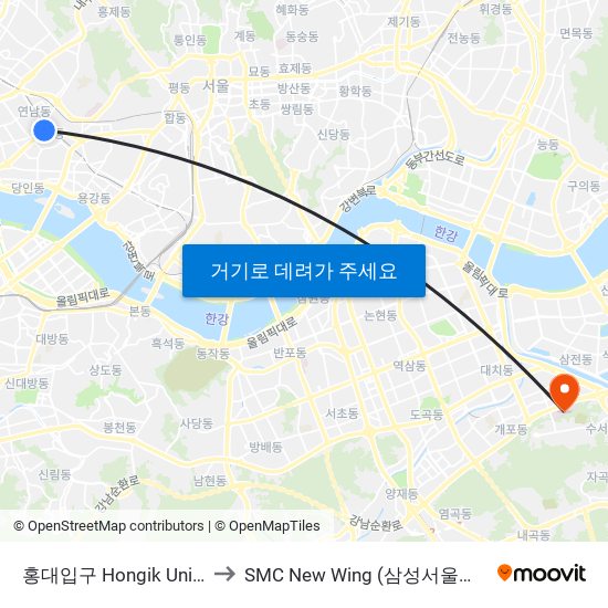홍대입구 Hongik University to SMC New Wing (삼성서울병원 별관) map
