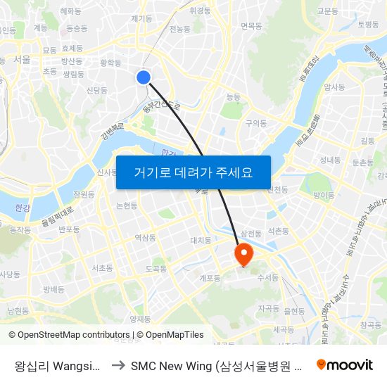 왕십리 Wangsimni to SMC New Wing (삼성서울병원 별관) map