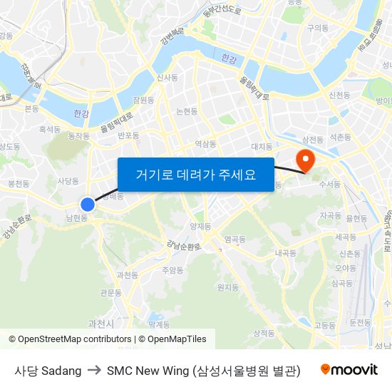 사당 Sadang to SMC New Wing (삼성서울병원 별관) map