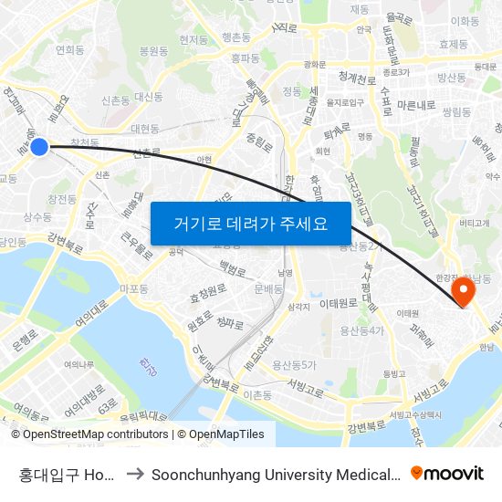 홍대입구 Hongik University to Soonchunhyang University Medical Center (순천향대학교 서울병원) map