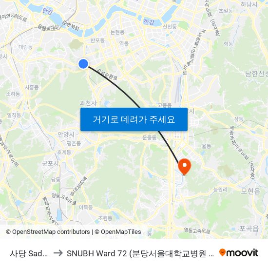 사당 Sadang to SNUBH Ward 72 (분당서울대학교병원 72병동) map