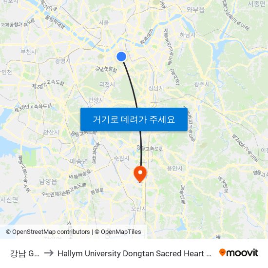 강남 Gangnam to Hallym University Dongtan Sacred Heart Hospital (한림대학교 동탄성심병원) map