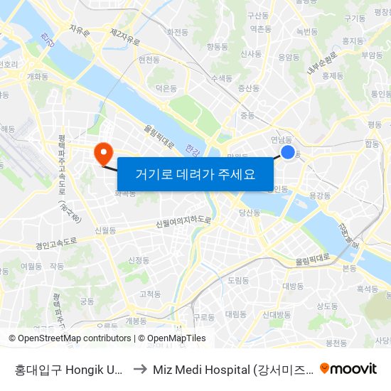 홍대입구 Hongik University to Miz Medi Hospital (강서미즈메디병원) map