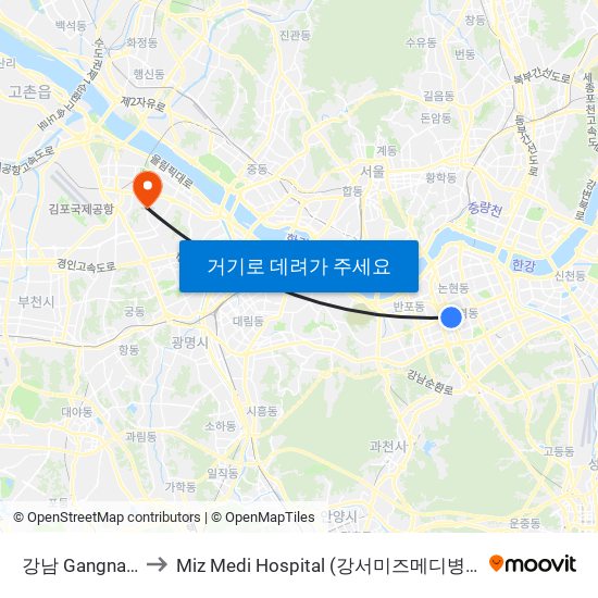 강남 Gangnam to Miz Medi Hospital (강서미즈메디병원) map