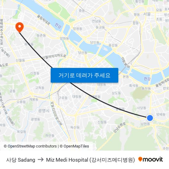 사당 Sadang to Miz Medi Hospital (강서미즈메디병원) map