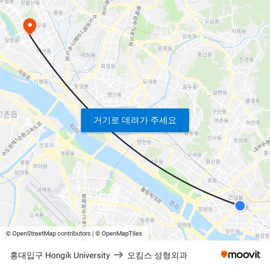 홍대입구 Hongik University to 오킴스 성형외과 map