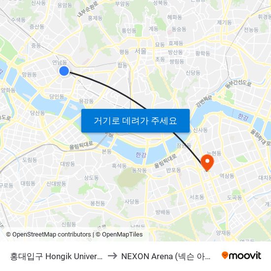 홍대입구 Hongik University to NEXON Arena (넥슨 아레나) map