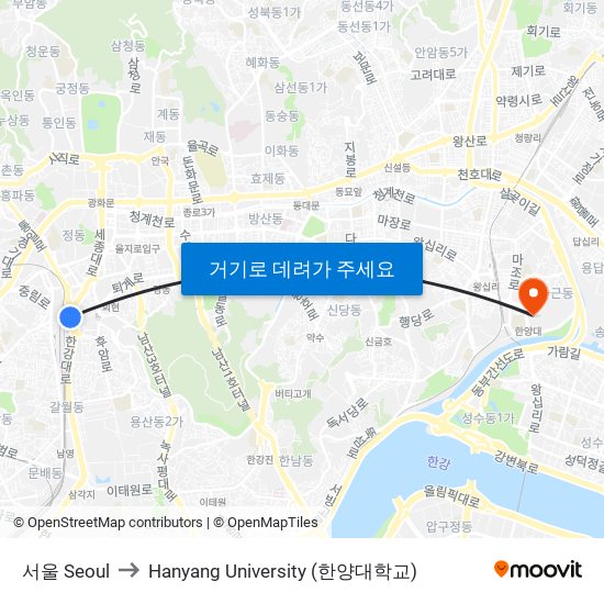 서울 Seoul to Hanyang University (한양대학교) map
