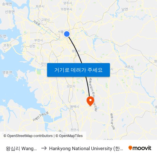 왕십리 Wangsimni to Hankyong National University (한경대학교) map