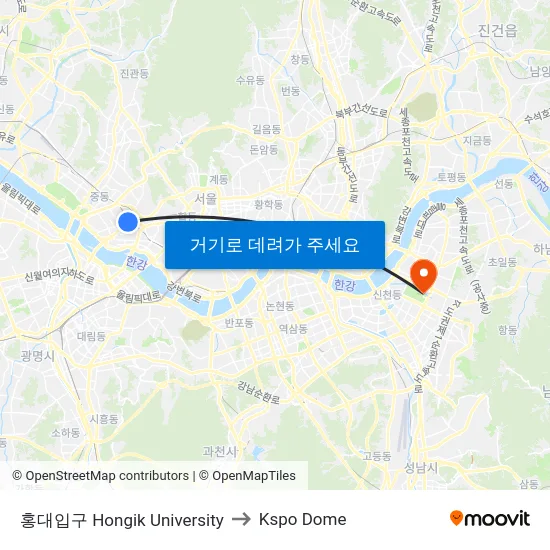 홍대입구 Hongik University to Kspo Dome map