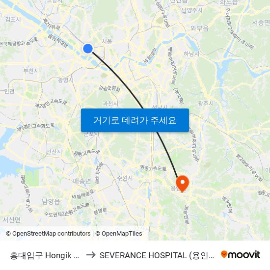 홍대입구 Hongik University to SEVERANCE HOSPITAL (용인세브란스병원) map