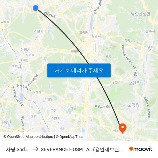 사당 Sadang to SEVERANCE HOSPITAL (용인세브란스병원) map