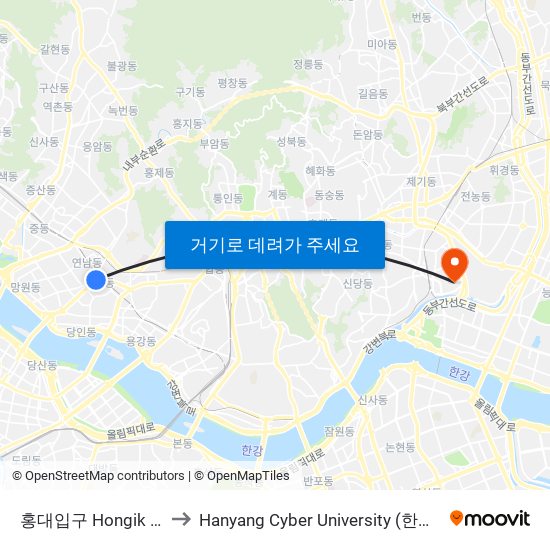 홍대입구 Hongik University to Hanyang Cyber University (한양사이버대학교) map