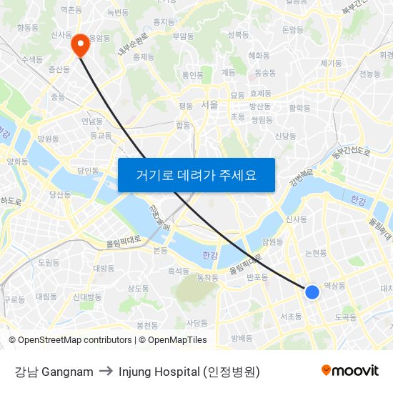 강남 Gangnam to Injung Hospital (인정병원) map