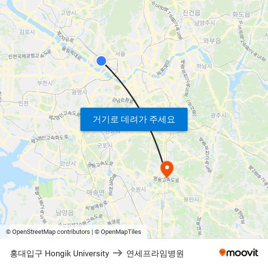 홍대입구 Hongik University to 연세프라임병원 map
