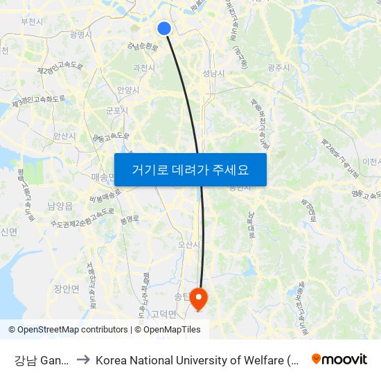 강남 Gangnam to Korea National University of Welfare (한국복지대학교) map